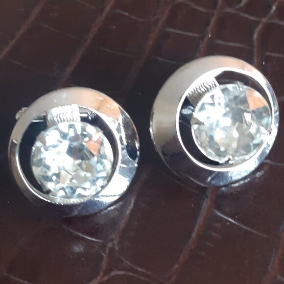 Vintage Large Cuff Links Silver Tone w/ Cut Glass Centre- Unique - Picture 2 of 6